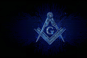 Neon-blue square and compass symbol, an Illustration by wavebreak