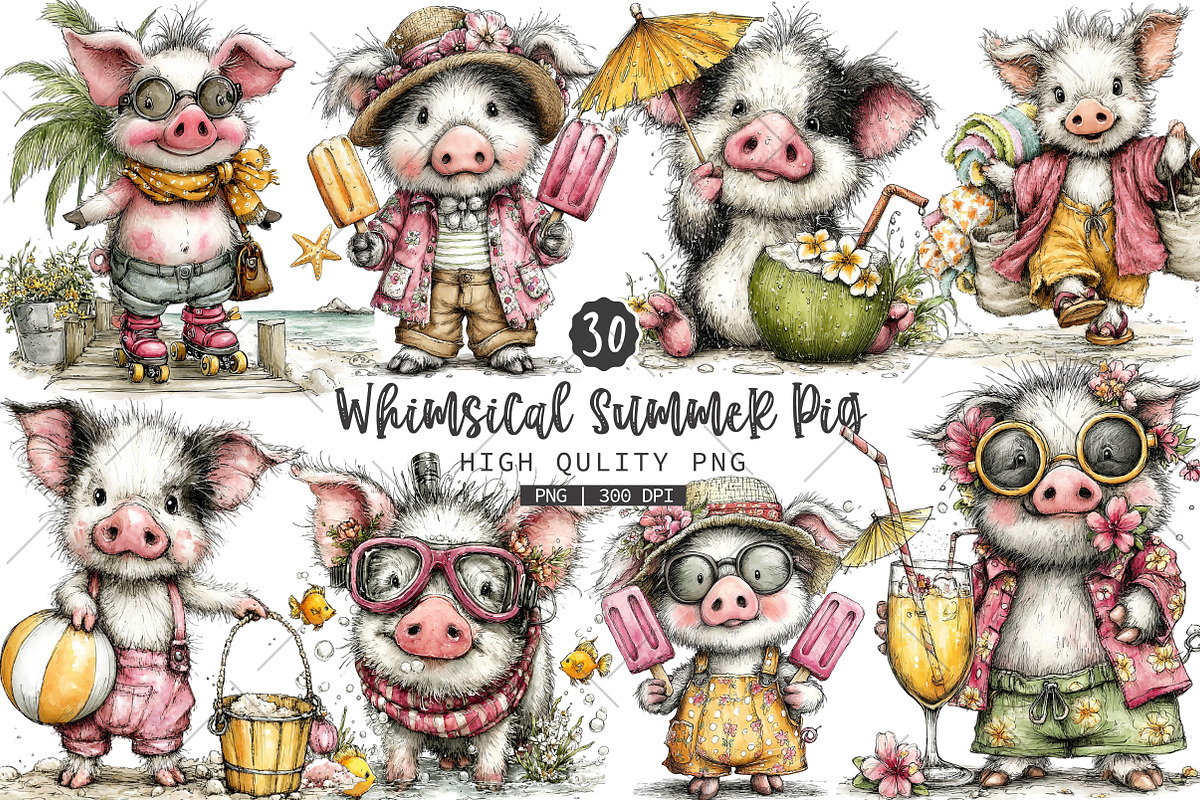 Whimsical Summer Pig Clipart Bundle, a Seasonal Illustration by OK Design (Photo 1 of 6)