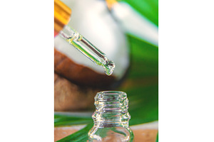 Natural coconut oil in a bottle