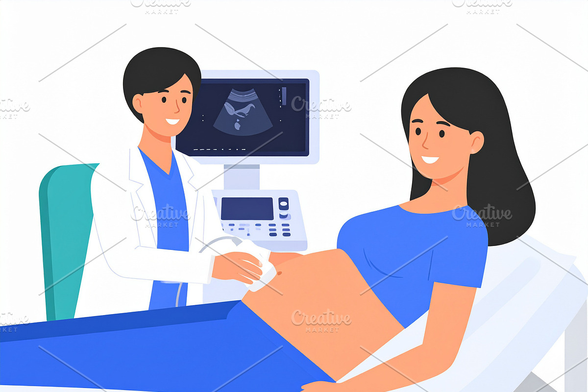 Illustration pregnant woman lying on a bed with a doctor, a Healthcare Illustration by DanFLCreativo