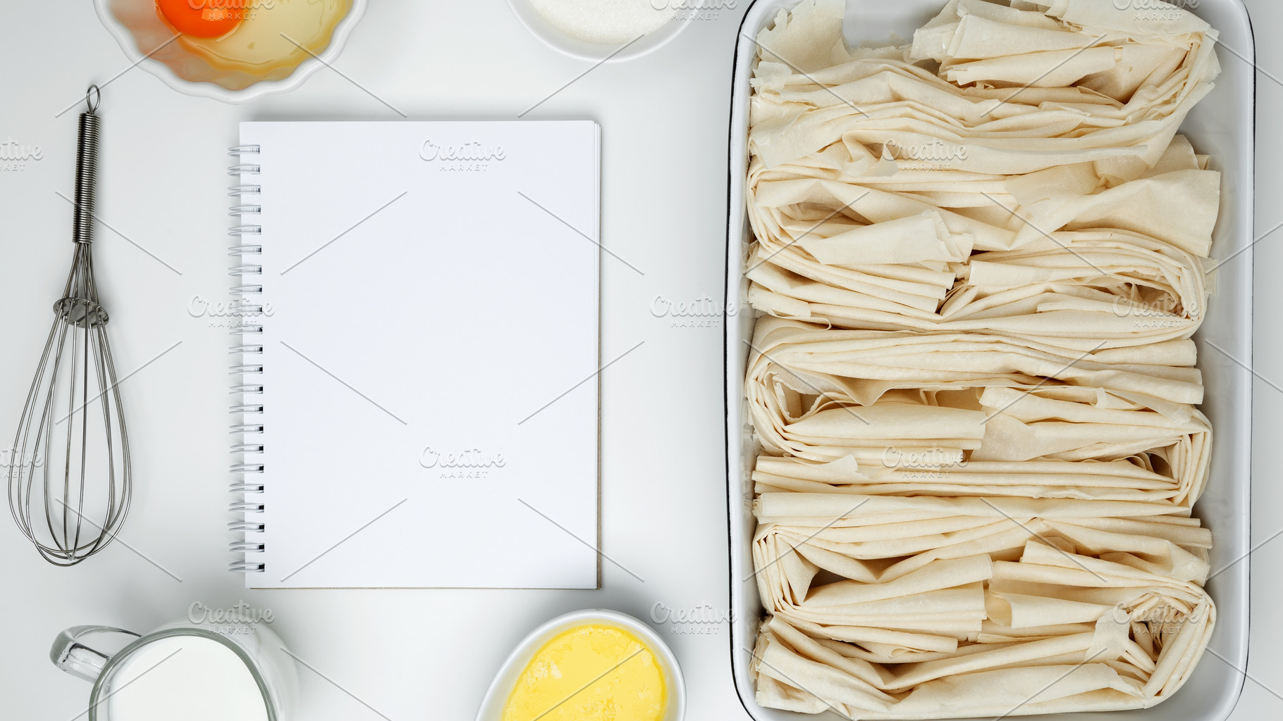 Mockup design for recipe or food blog. Cooking ingredients and notebook on a wh, a Photo by matucha