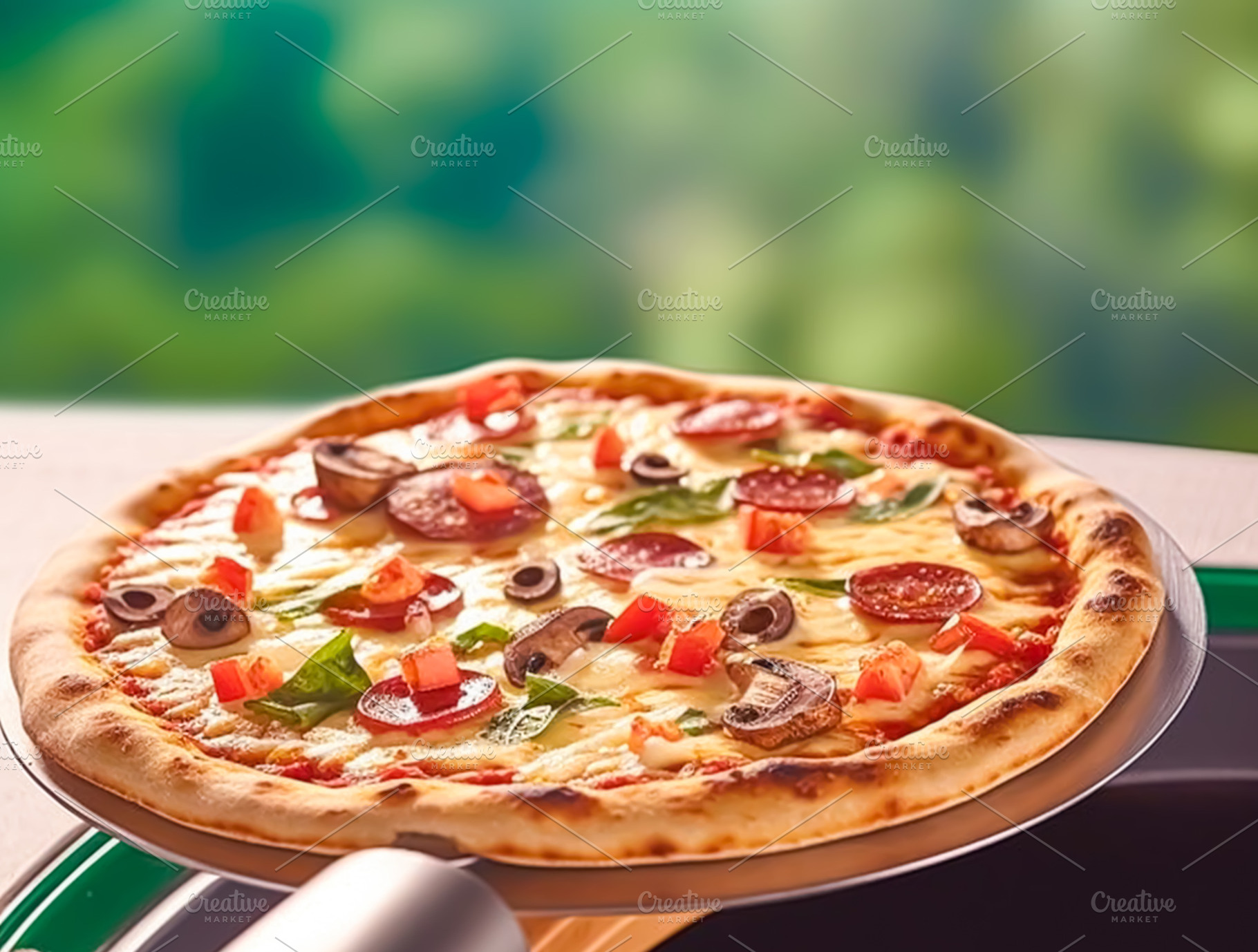 Pizza capricciosa homemade outdoors in the garden, online delive, a Photo by Anneleven