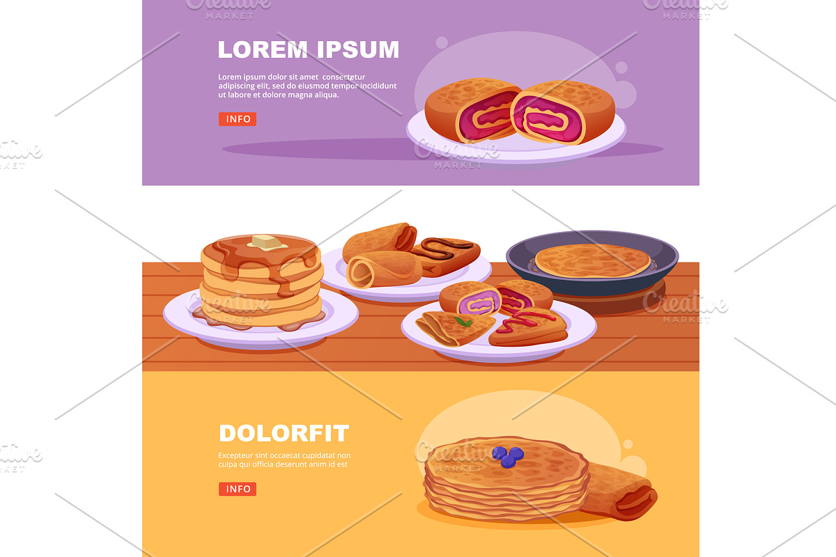 Pancakes. banners with different, a Food Illustration by Onyx