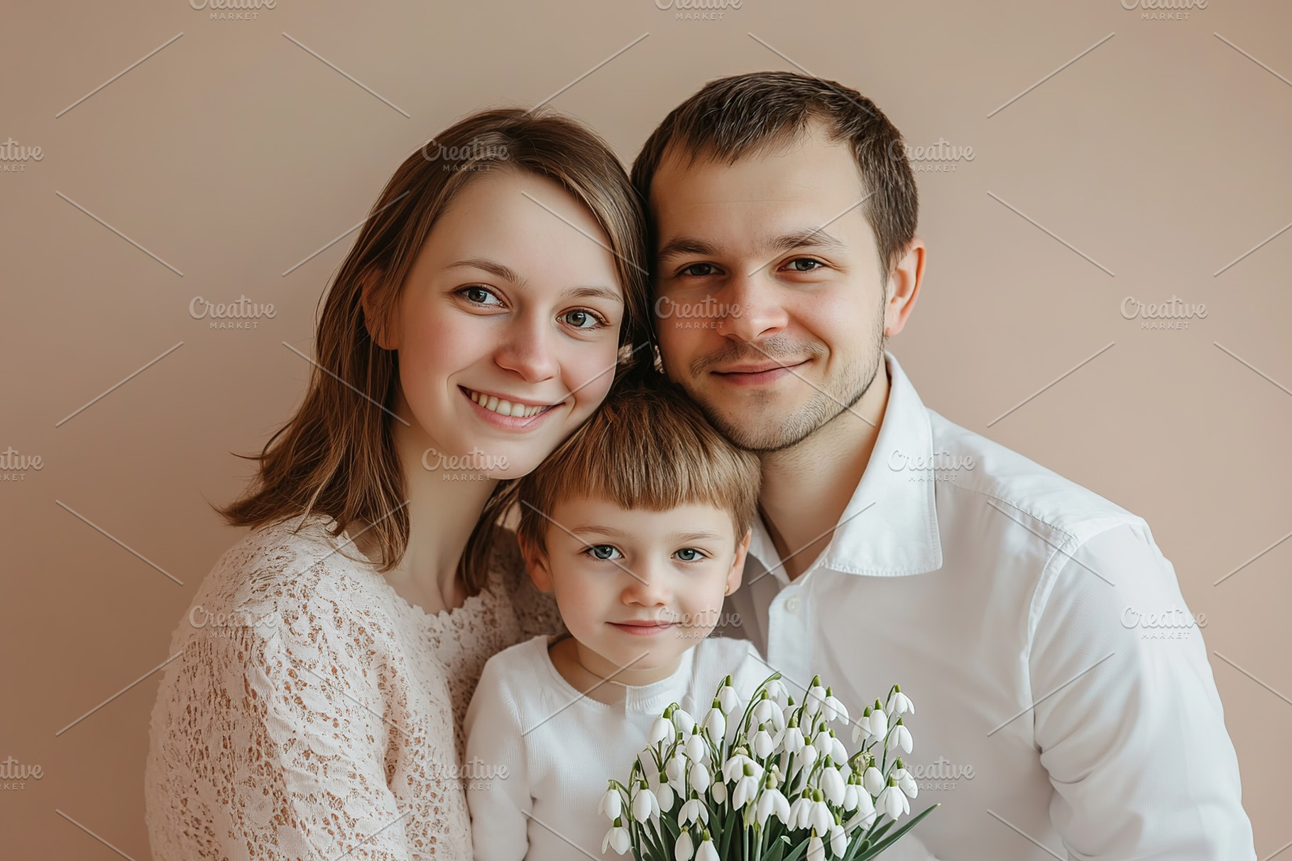 Portrait of young parents with child kid on beige background, a Person Photo by AlyaAnd