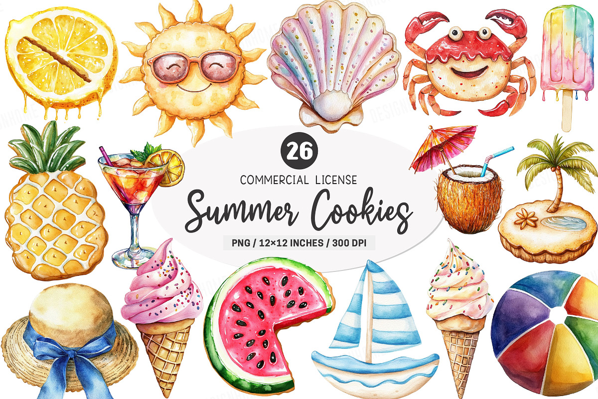 Watercolor Summer Cookies Clipart, an Illustration by SinaCreation (Photo 1 of 7)