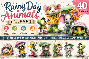 Rainy Day Animals Watercolor Clipart