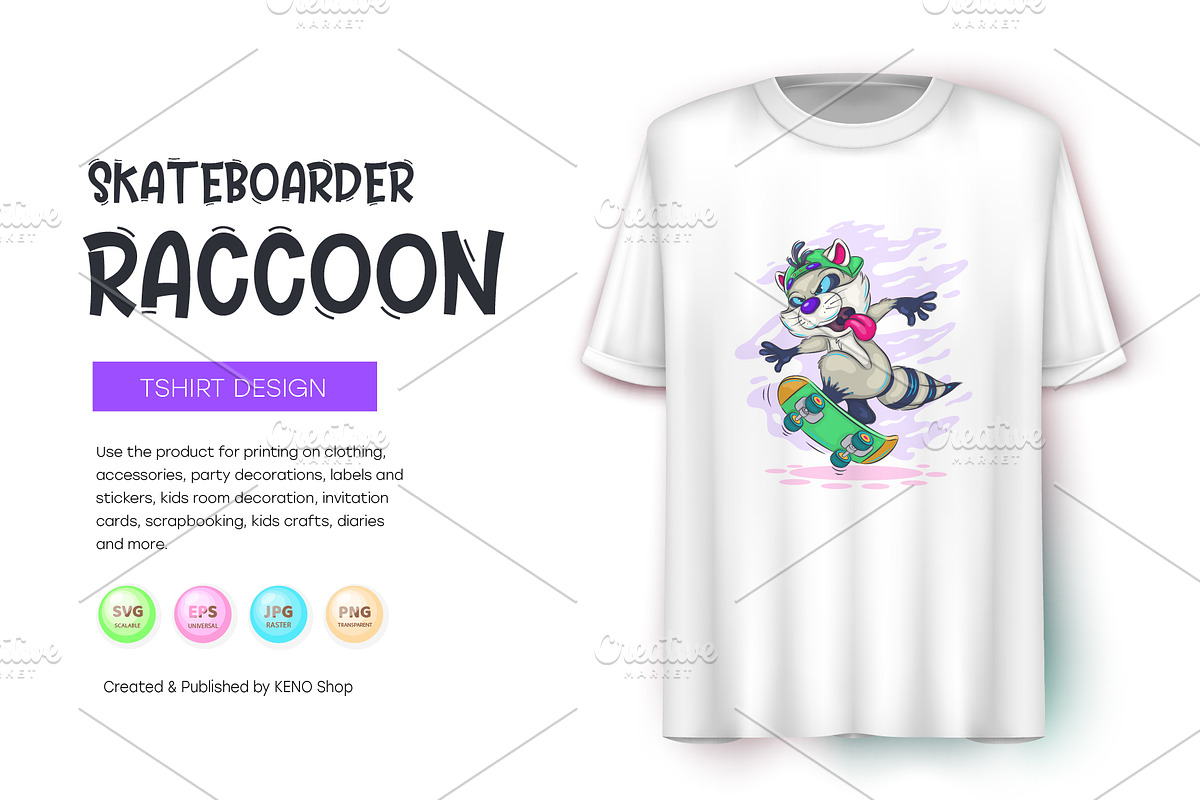 Cartoon raccoon skateboarder. Tshirt, an Animal Illustration by KENO Mascots (Photo 6 of 7)