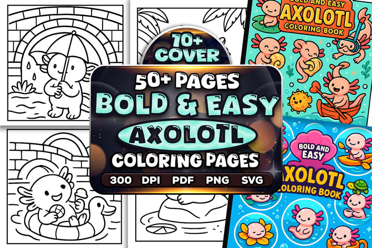 Bold and Easy Axolotl Coloring Pages, an Animal Illustration by Craftsbeefy (Photo 1 of 4)