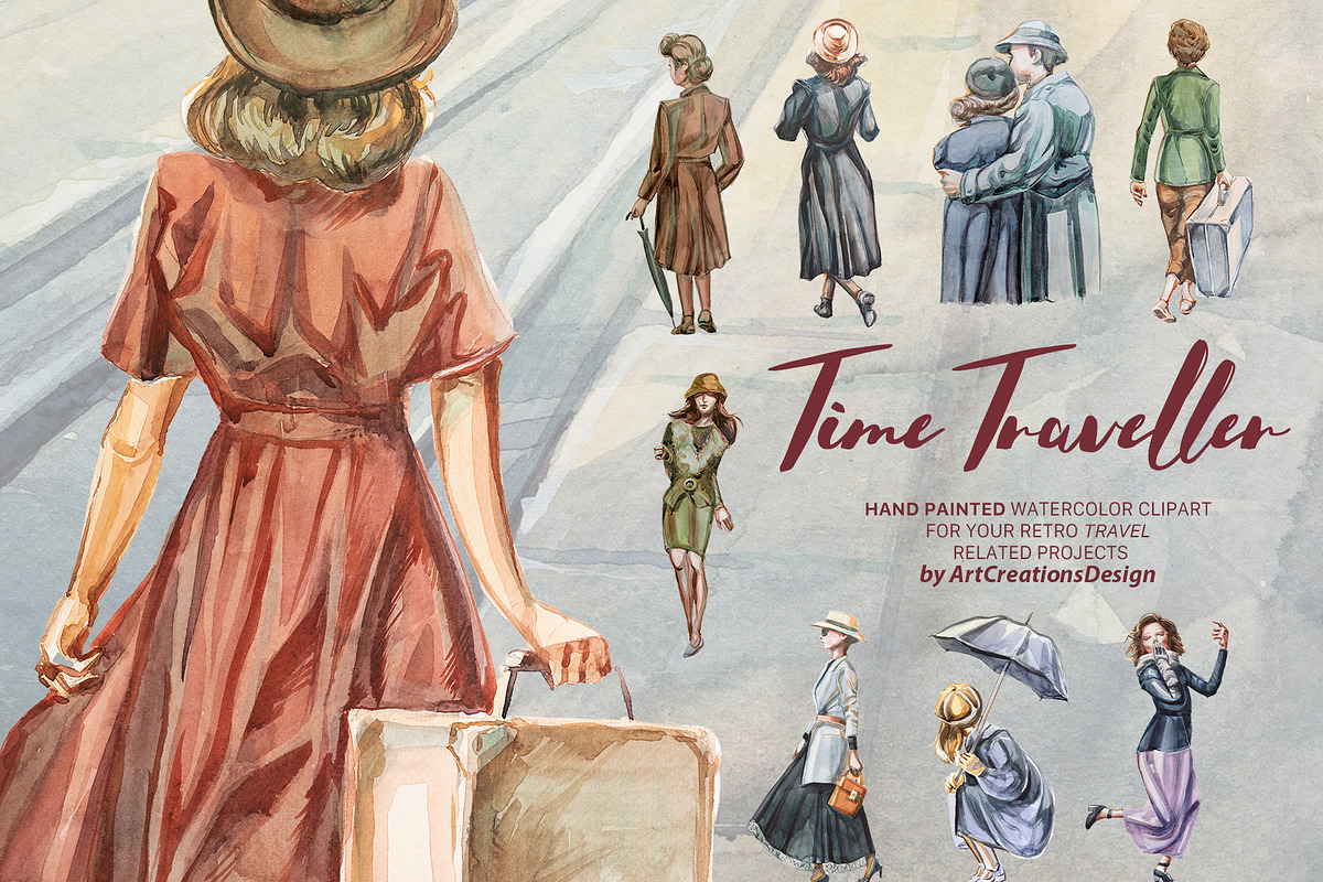 Watercolor Time Traveller Clipart, a Transportation Illustration by ArtCreationsDesign (Photo 6 of 12)