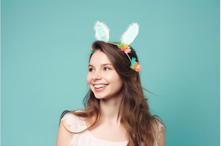 Smiling woman bunny ears. Generate, a Beauty & Fashion Photo by Ylivdesign