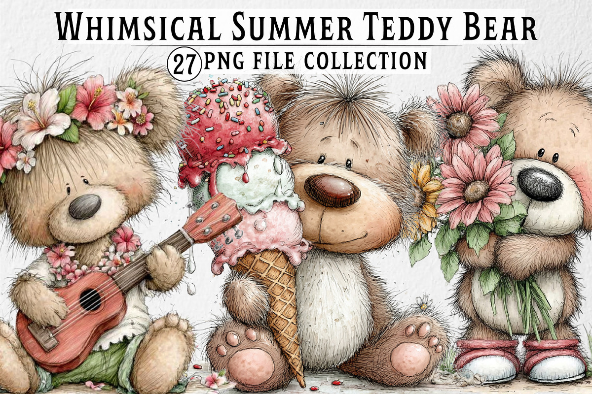Whimsical Summer Teddy Bear Clipart, an Illustration by Dream Creation (Photo 1 of 6)