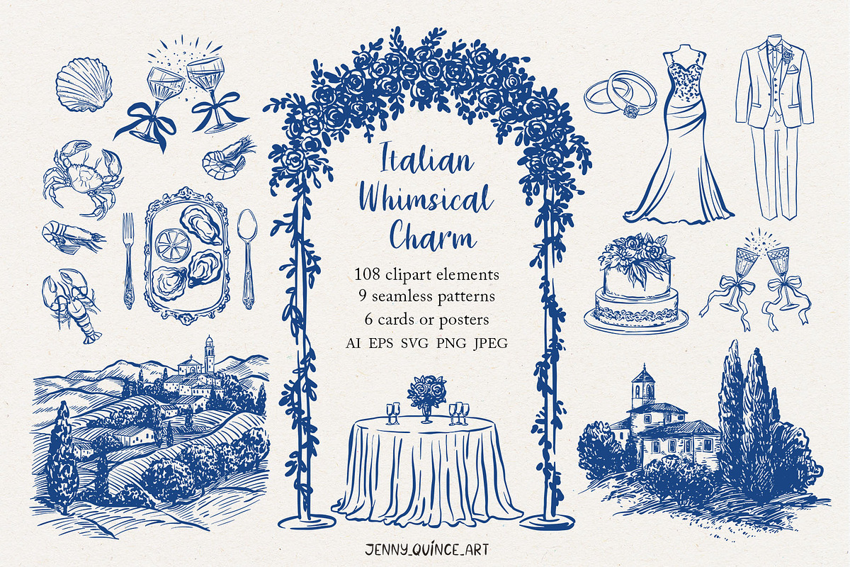 Italian Whimsical Clipart Set, an Object Illustration by Jenny Quince (Photo 1 of 15)
