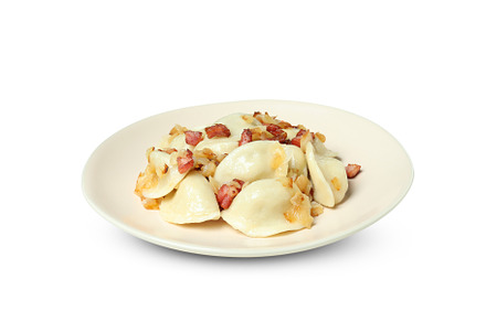 Plate of vareniki or pierogi isolated on white background, a Food & Drink Photo by AtlasStudio PRO