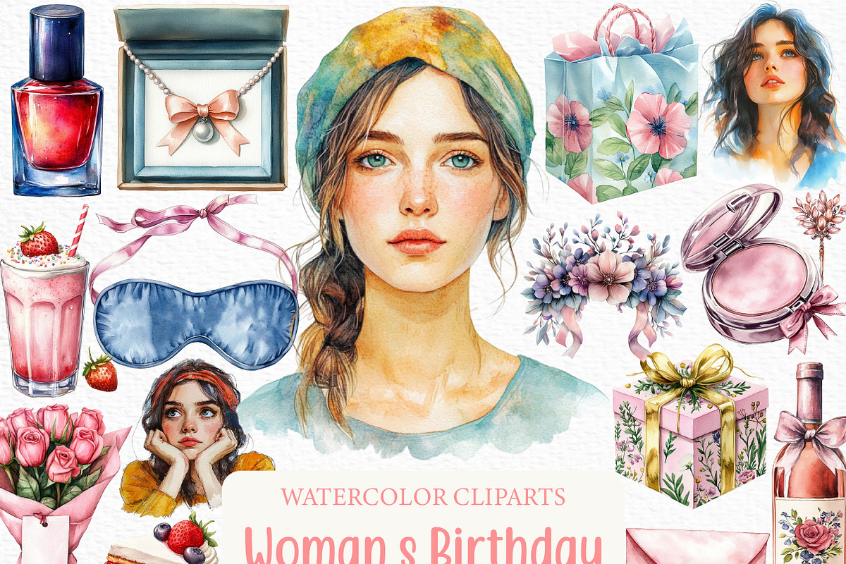 Watercolor Woman s Birthday Clipart, an Illustration by Craft Nest (Photo 1 of 6)