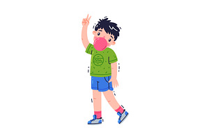 Little Boy Standing Blowing Bubble, a Person Illustration by TopVectors