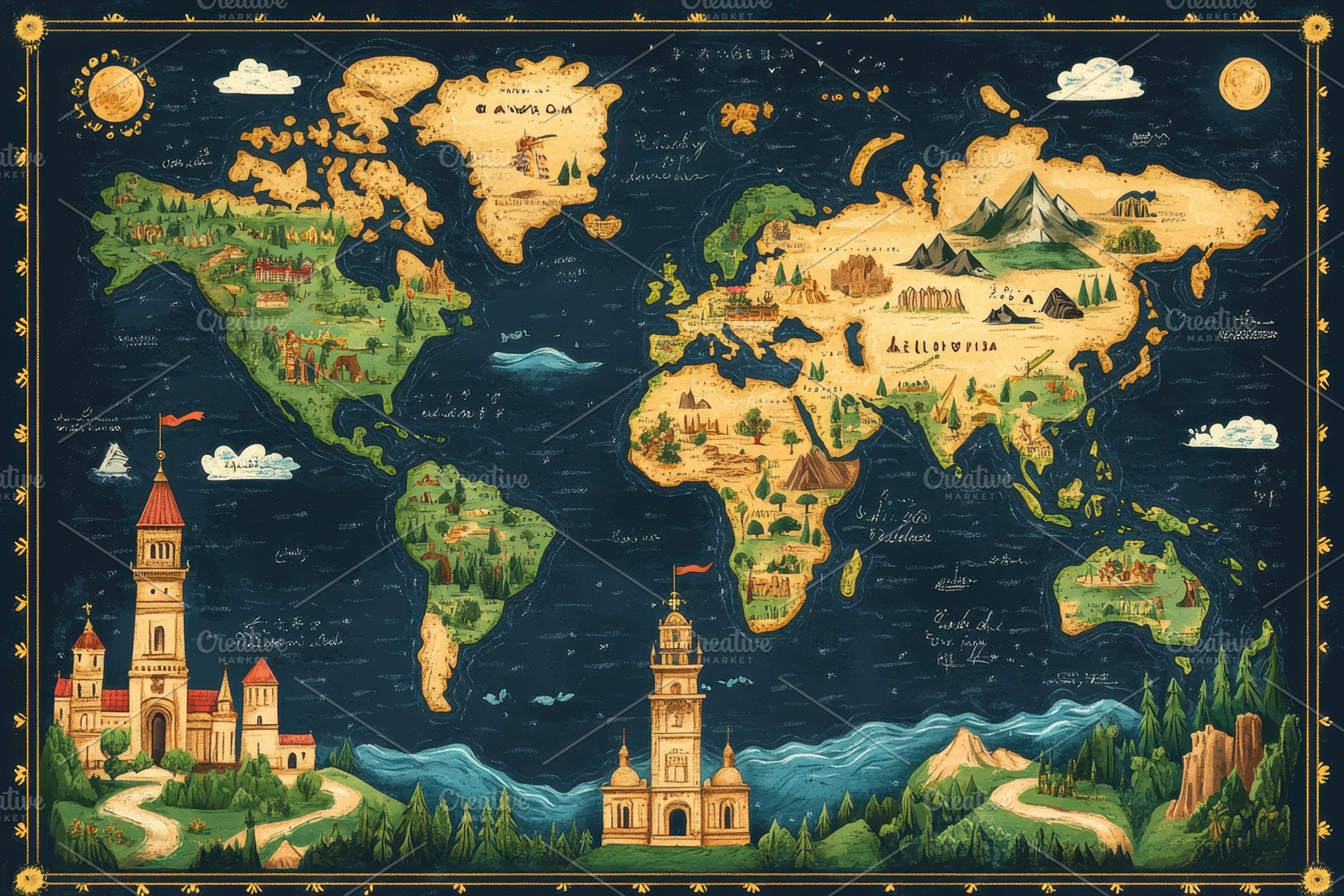 Colorful illustrated world map showc, a Photo by Tanuart