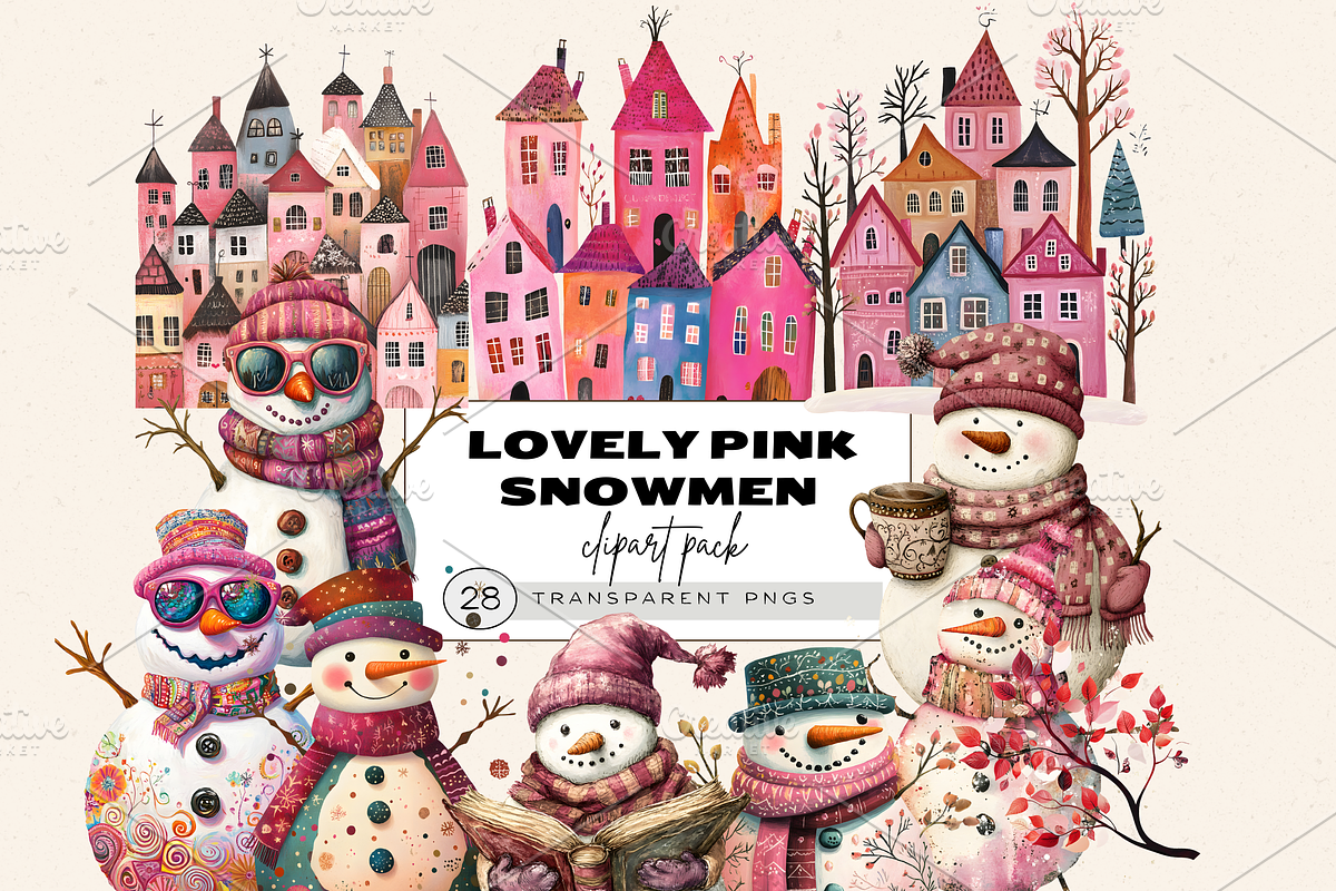 CUTE LOVELY PINK SNOWMEN CLIPART, a Seasonal Illustration by Daring Digies (Photo 1 of 7)