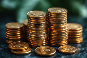 Stacks of shiny coins arranged on a, a Photo by Tanuart