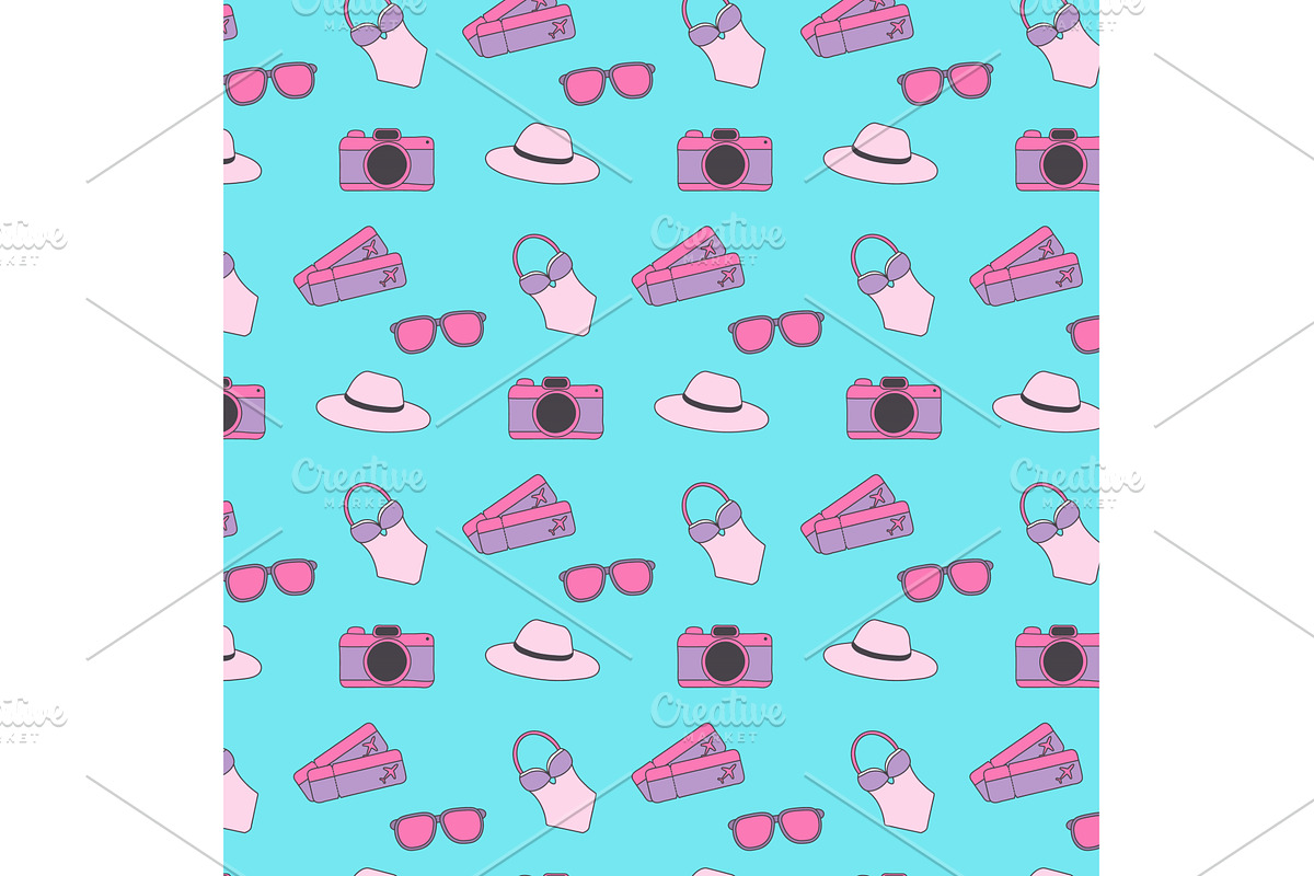 Seamless summer travel pattern with, an Illustration by okskukuruza