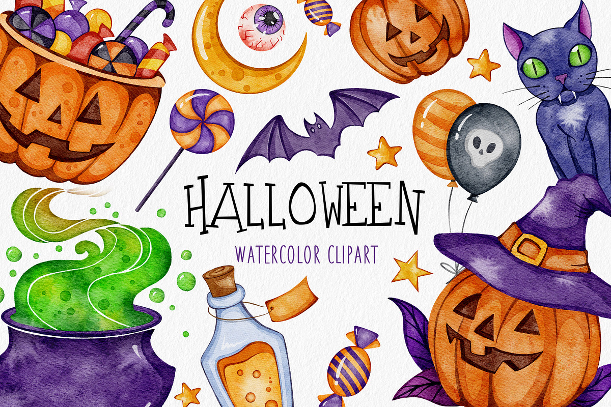 Watercolor Halloween Clipart, an Illustration by LuiDesignStudio (Photo 1 of 4)