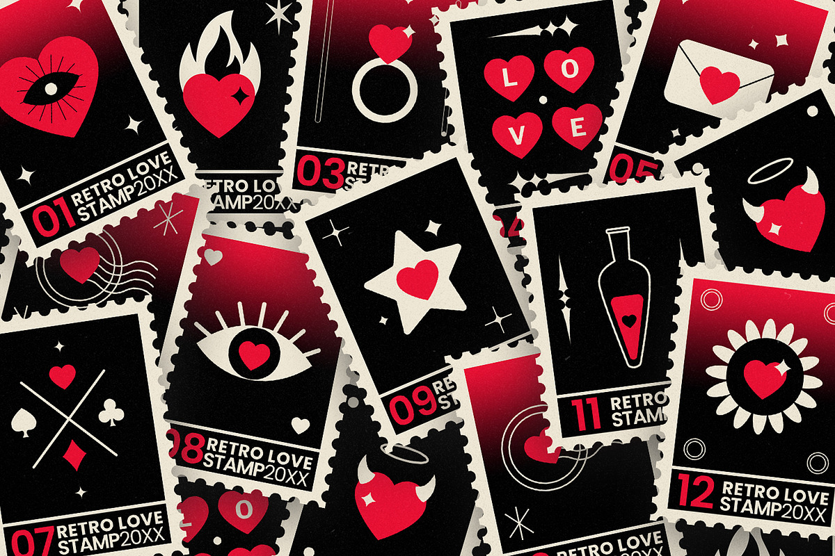 12 Retro Love Stamps, an Object Graphic by Parisa-Artstudio (Photo 3 of 4)