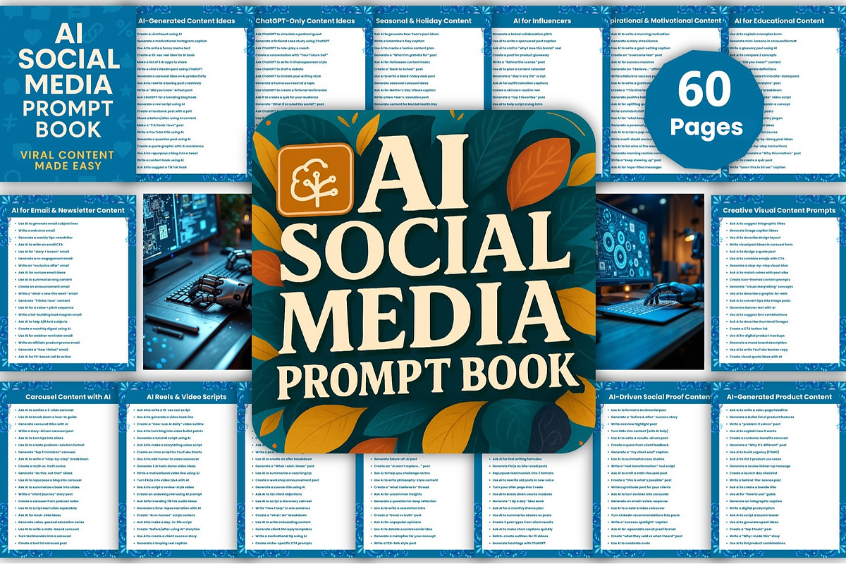 1000+ AI Social Media Prompt Book, a Stationery Template by Designmela01 (Photo 1 of 6)
