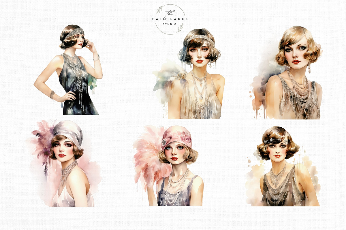 Watercolor Flapper Girls Clipart Set, a Person Illustration by The Twin Lakes Studio (Photo 9 of 11)