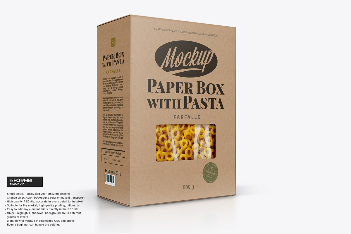 Kraft Box with Pasta Mockup, a Packaging Mockup by Reformer Mockup (Photo 1 of 4)