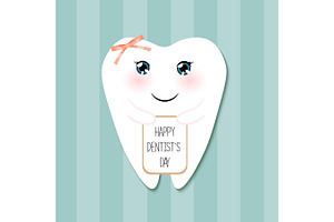 Cute greeting card Happy Dentist Day as funny smiling cartoon character of tooth