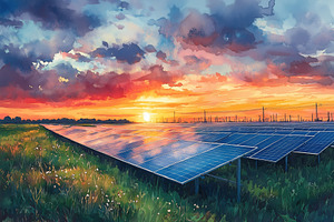 A vibrant sunset over a solar panel field, with colorful clouds reflecting the, a Technology Photo by Textures & Backgrounds