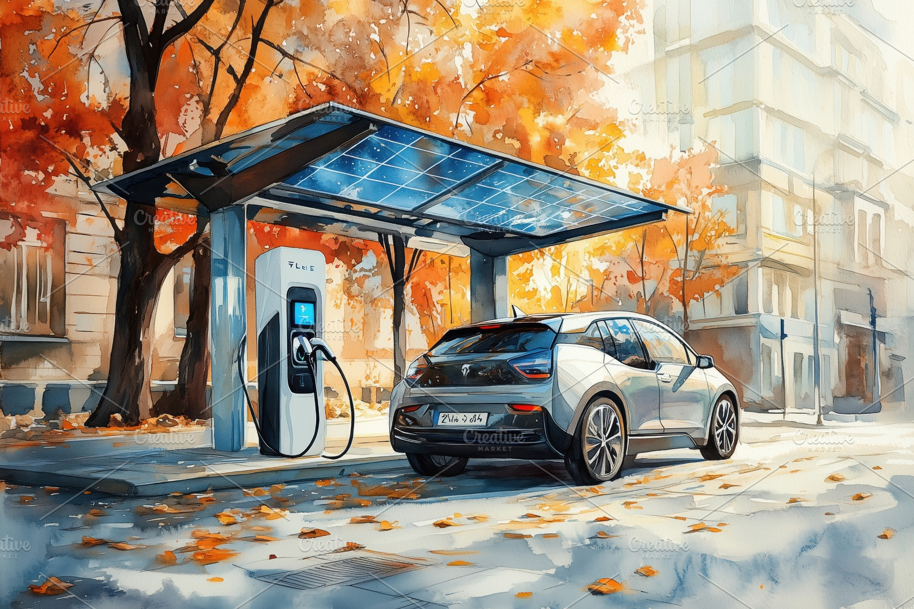 A modern electric car charging at a solar-powered charging station surrounded b, a Technology Photo by Textures & Backgrounds