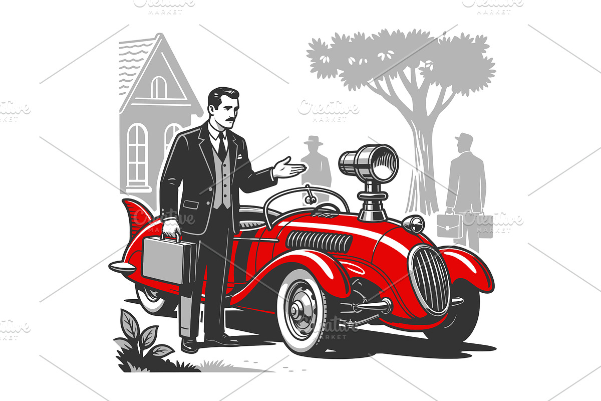 Gentleman Red Classic Car engraving, a Transportation Illustration by AlexArt