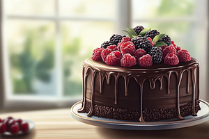 Illustration of delicious cake with cream and ripe berries, a Food & Drink Photo by AlyaAnd