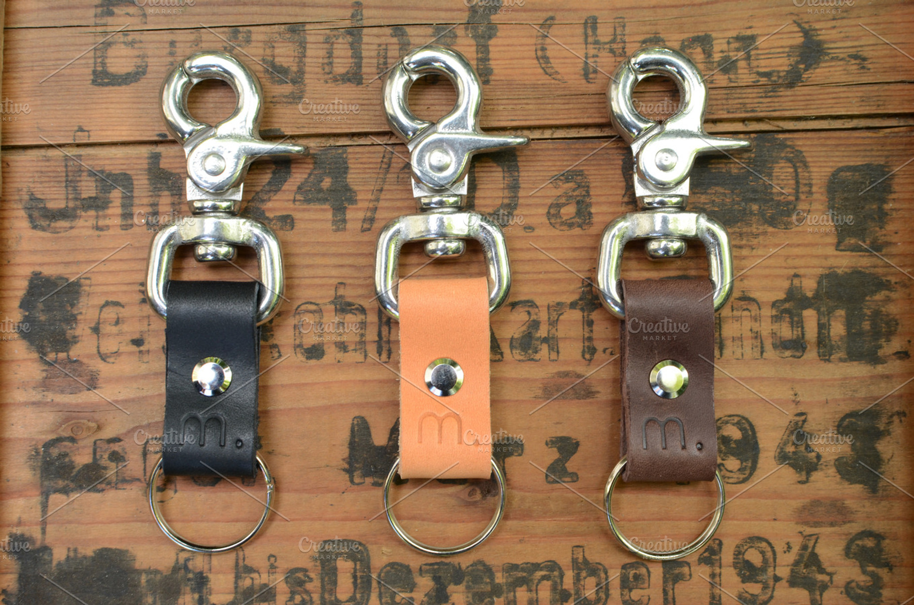 Leather products on wood featuring leather, fashion, and design