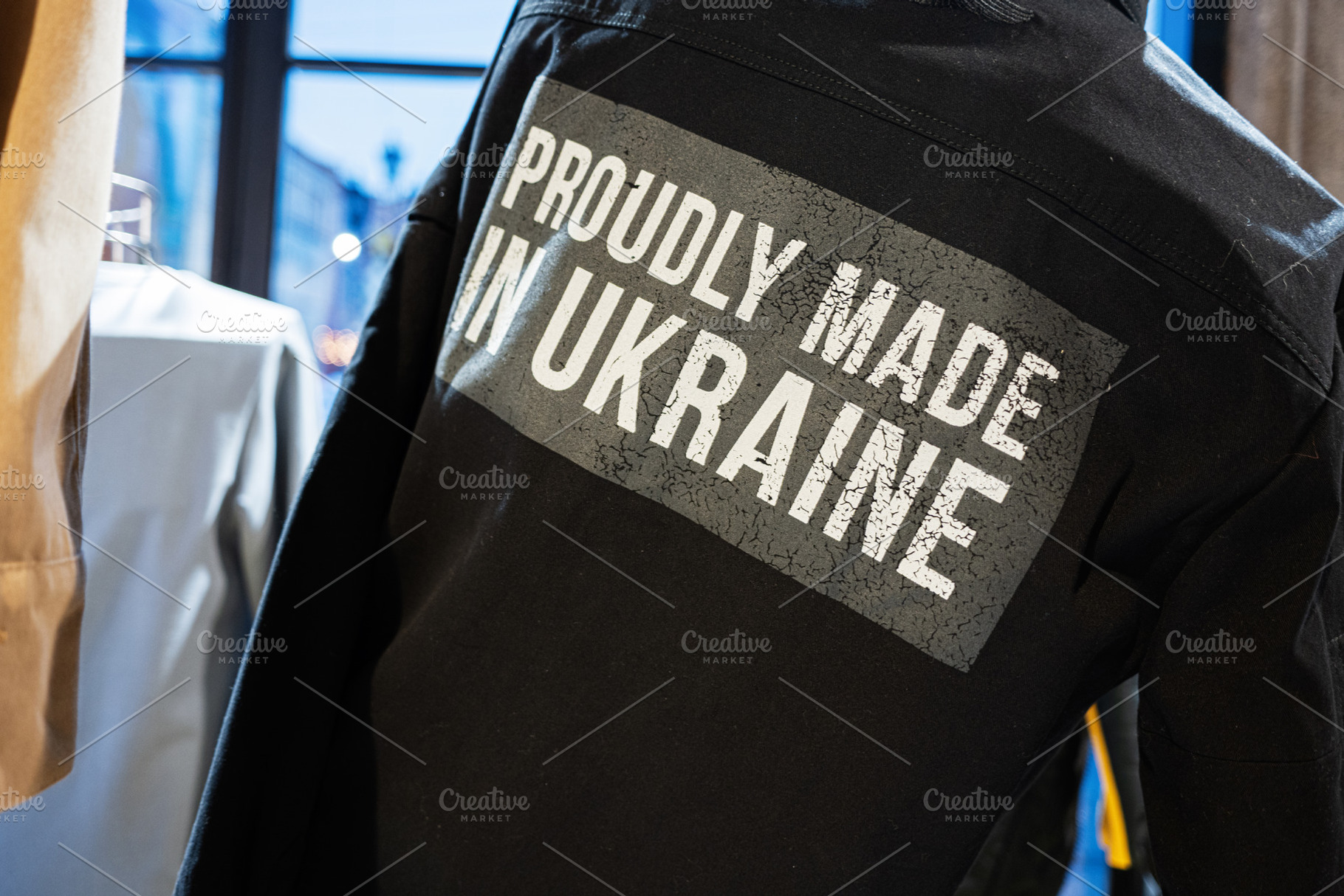 Proudly Made in Ukraine Jacket Display at a Stylish Apparel Shop, a Photo by AS photostudio