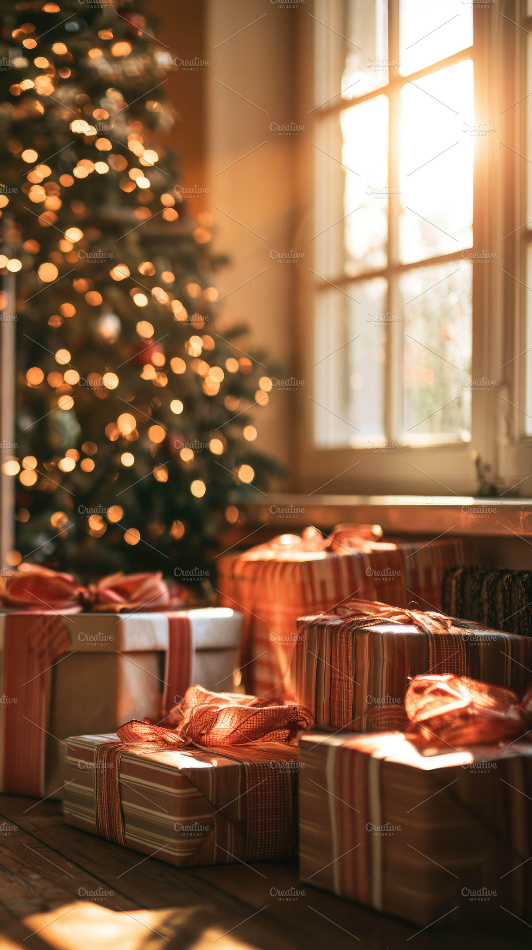 Cozy Christmas morning with wrapped gifts beside glowing tree, an Abstract Photo by José Manuel Gelpi