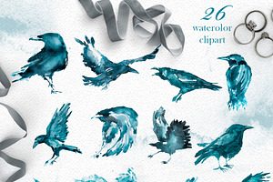 Watercolor Raven Clipart Set