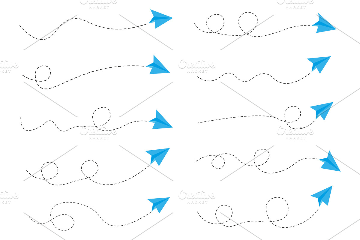 Set of dashed line paper airplane, an Object Graphic by elchinarts