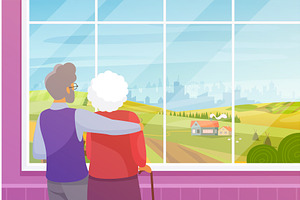 Old couple looking out window at, a Person Illustration by Lemberg Vector