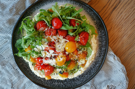 Healthy vegan hummus topped with col, a Photo by Iftikhar Alam