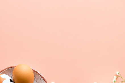 Happy Easter vertical banner design. Plate with painted Easter eggs, bunny and, a Holiday Photo by photoguns