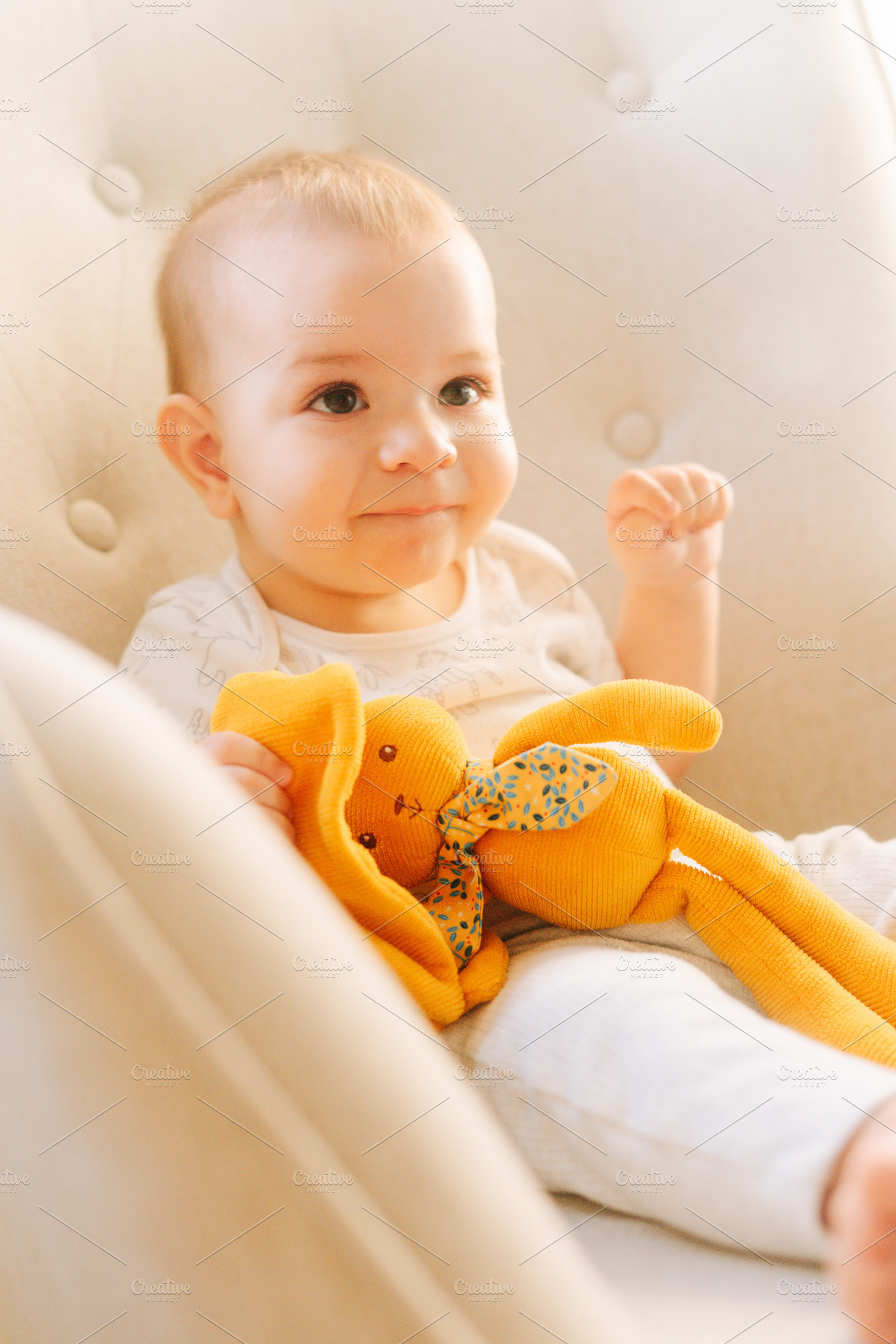 Portrait of a nine month old baby with a stuffed bunny sitting in a rocking cha, a Person Photo by rubenchase