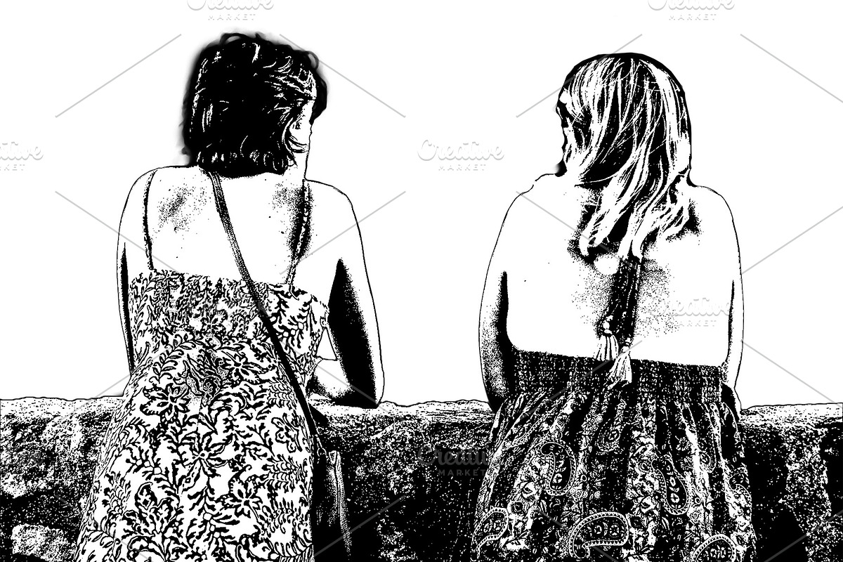 Isolated graphic of two woman looking through stone wall, a Person Illustration by DanFLCreativo