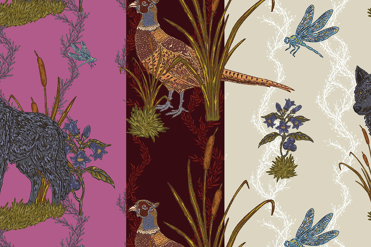 Wolf, Pheasant, Dragonfly, a Pattern Graphic by NayaChu (Photo 2 of 9)