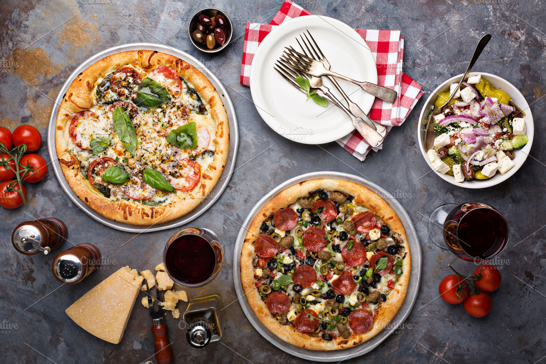 Pizza Margarita and Pepperoni with garnishes, a Food & Drink Photo by farwasser