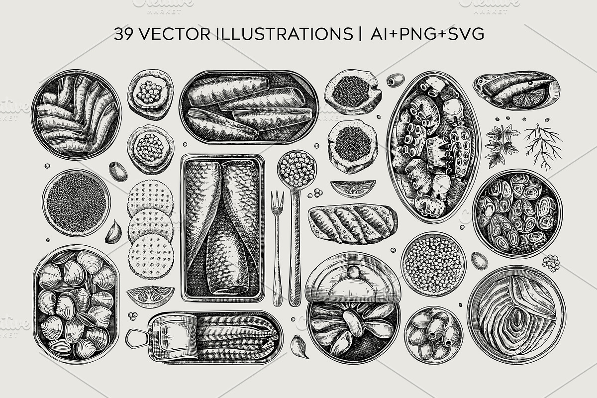 Tinned Fish & Seafood Vector Set, a Food Illustration by Yevheniia (Photo 2 of 14)