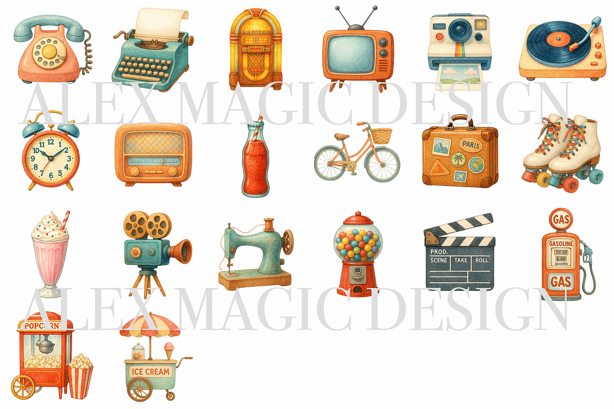 Retro Clipart Set, a Decorative Illustration by Pati Charm Studio (Photo 2 of 8)