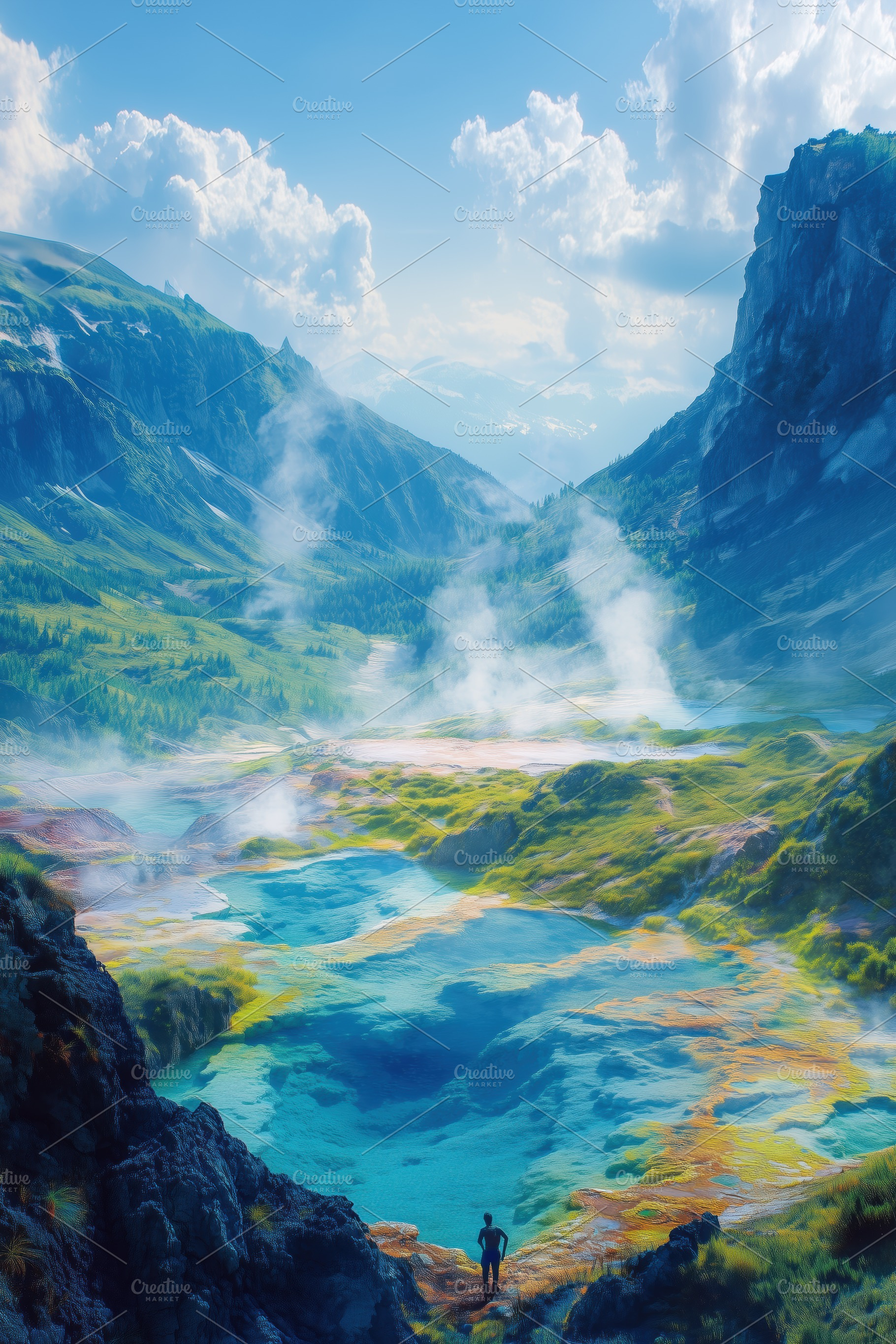 A breathtaking landscape featuring a person standing at the edge of a colorful, a Nature Photo by Textures & Backgrounds