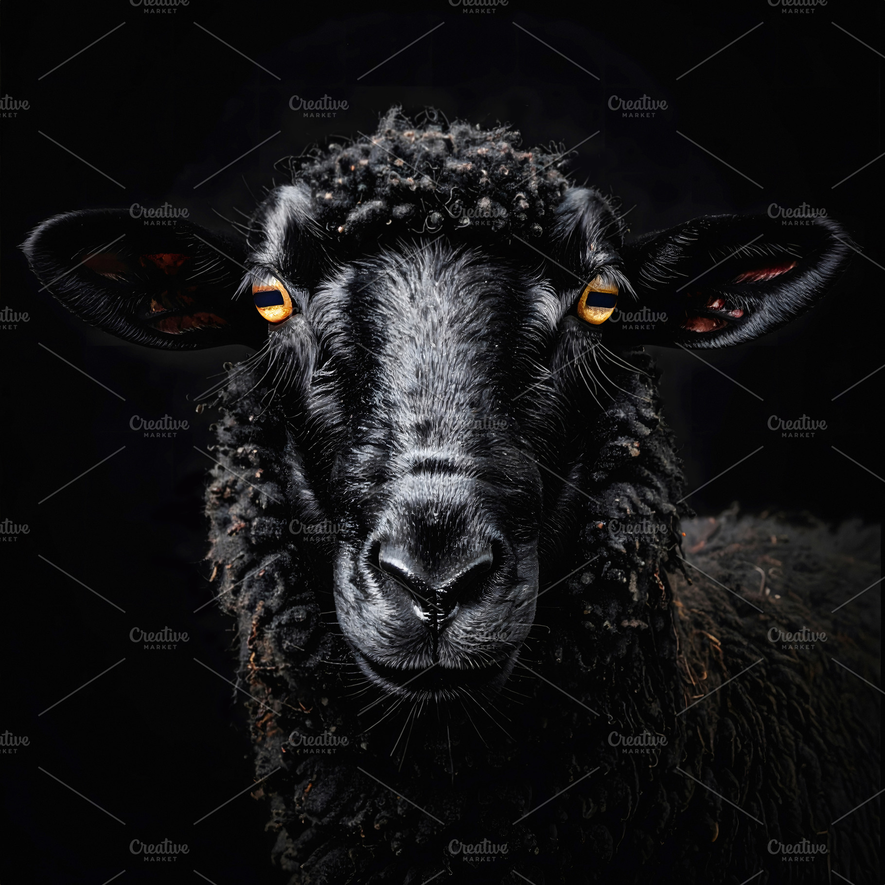 Black sheep portrait with curly dark fleece and glowing eyes, an Animal Photo by GoodGoods