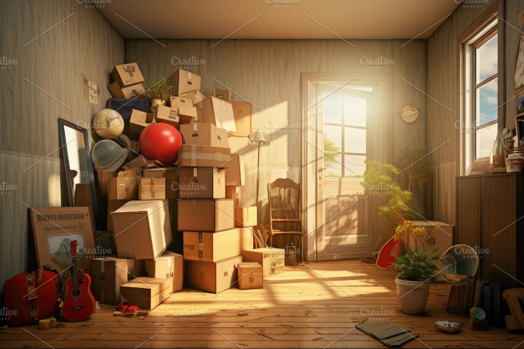 Moving boxes in the room. 3d illustr, a Photo by Iftikhar Alam